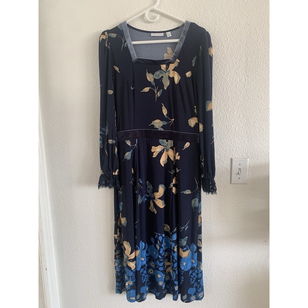 Susan Graver Navy Floral Midi Dress Square Neck Velvet Trim Lace Cuffs Small